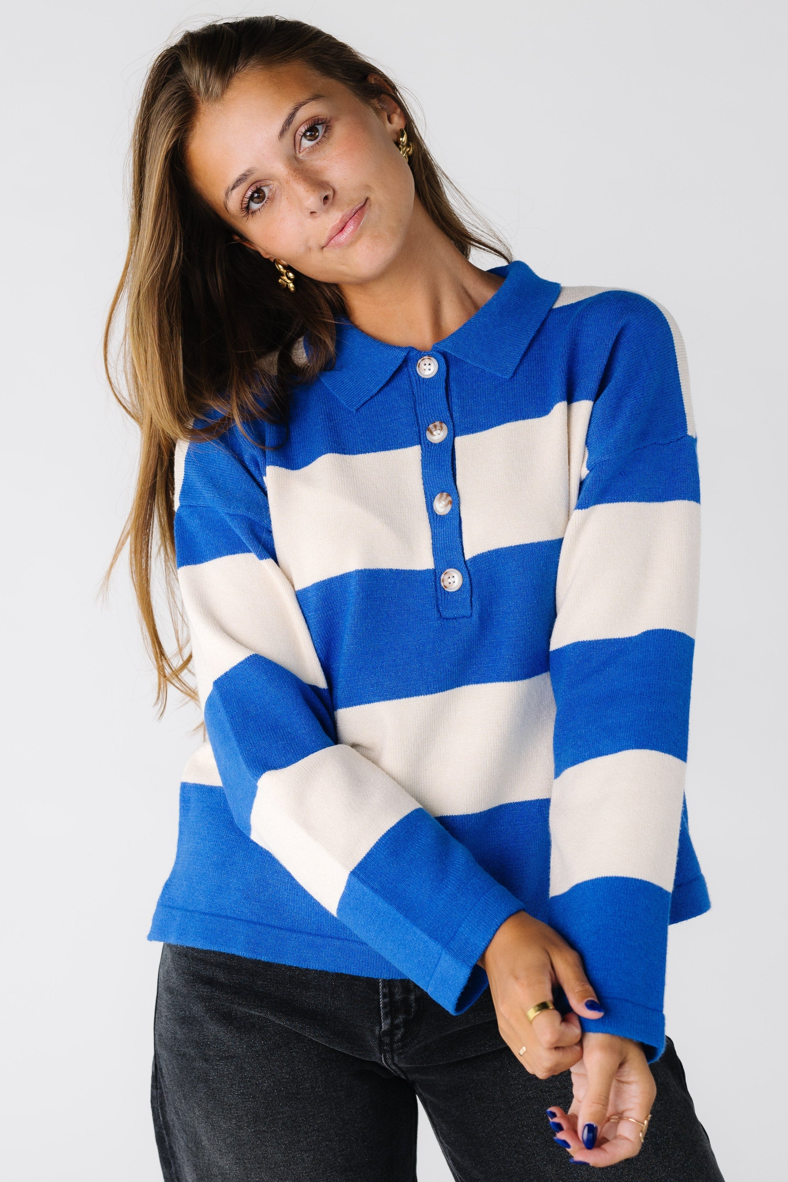 Game Day Stripe Button Pullover Sweater