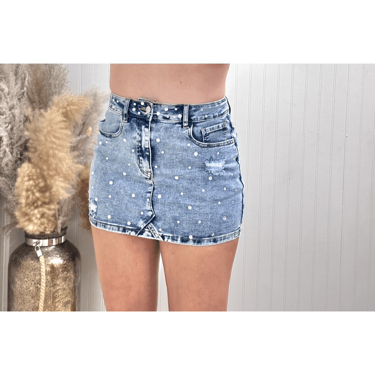 High Waist Rhinestone Distressed Mini Denim Skirt