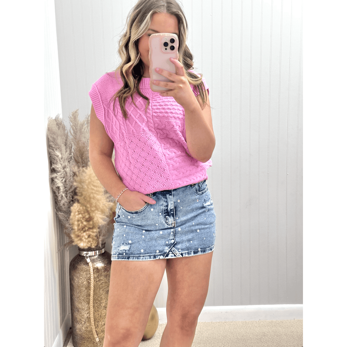 High Waist Rhinestone Distressed Mini Denim Skirt