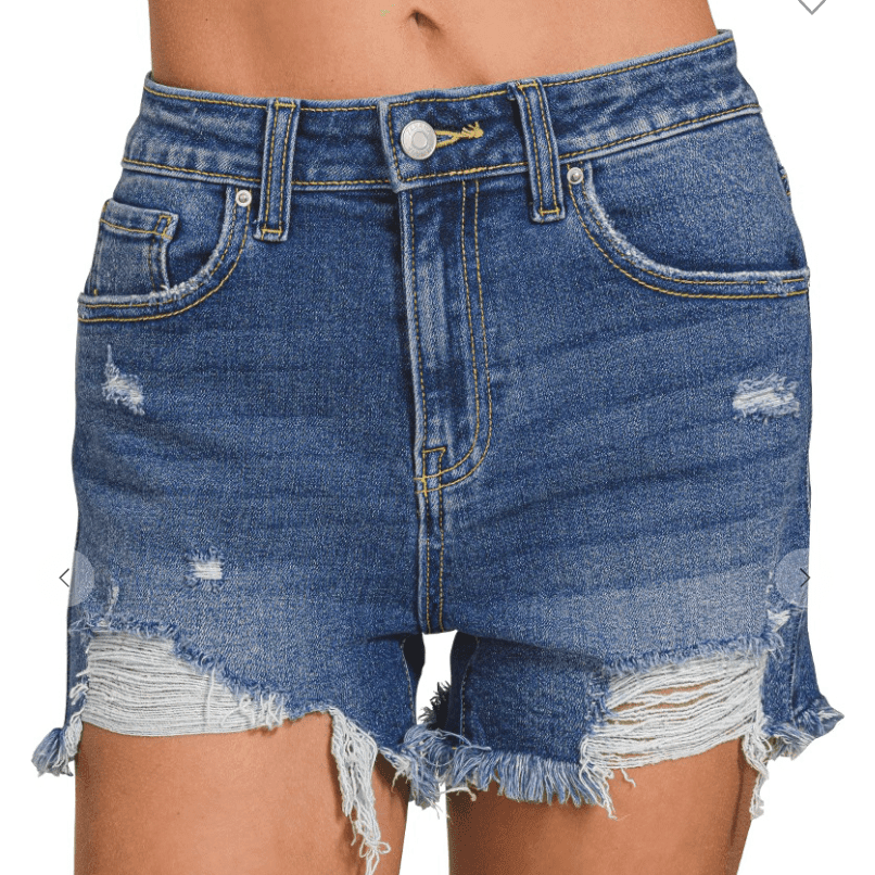 Mid Rise Raw Frayed Hem Denim Shorts